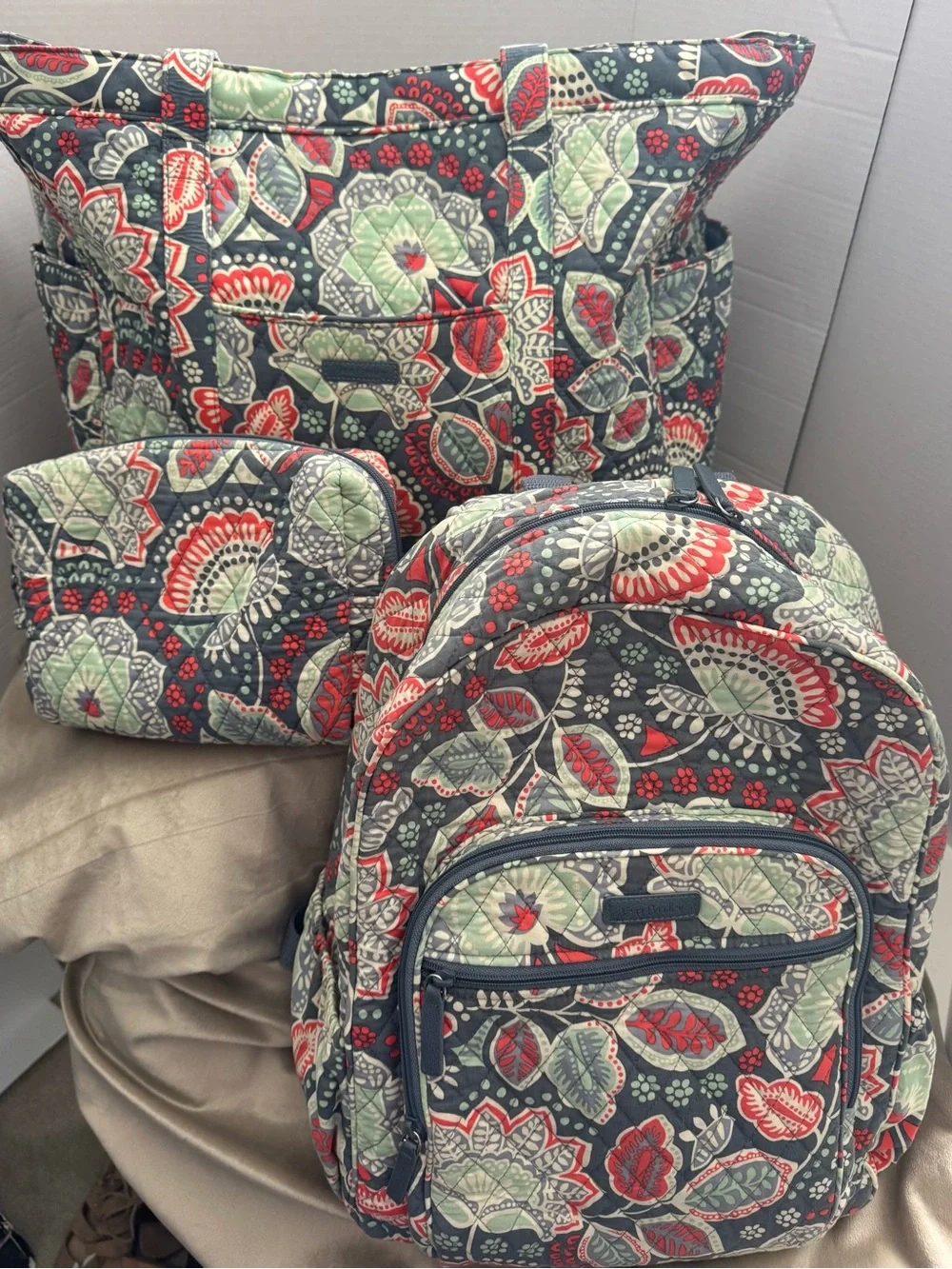 Vera Bradley Quilted Floral Tote & Backpack in Navy, Red & Mint